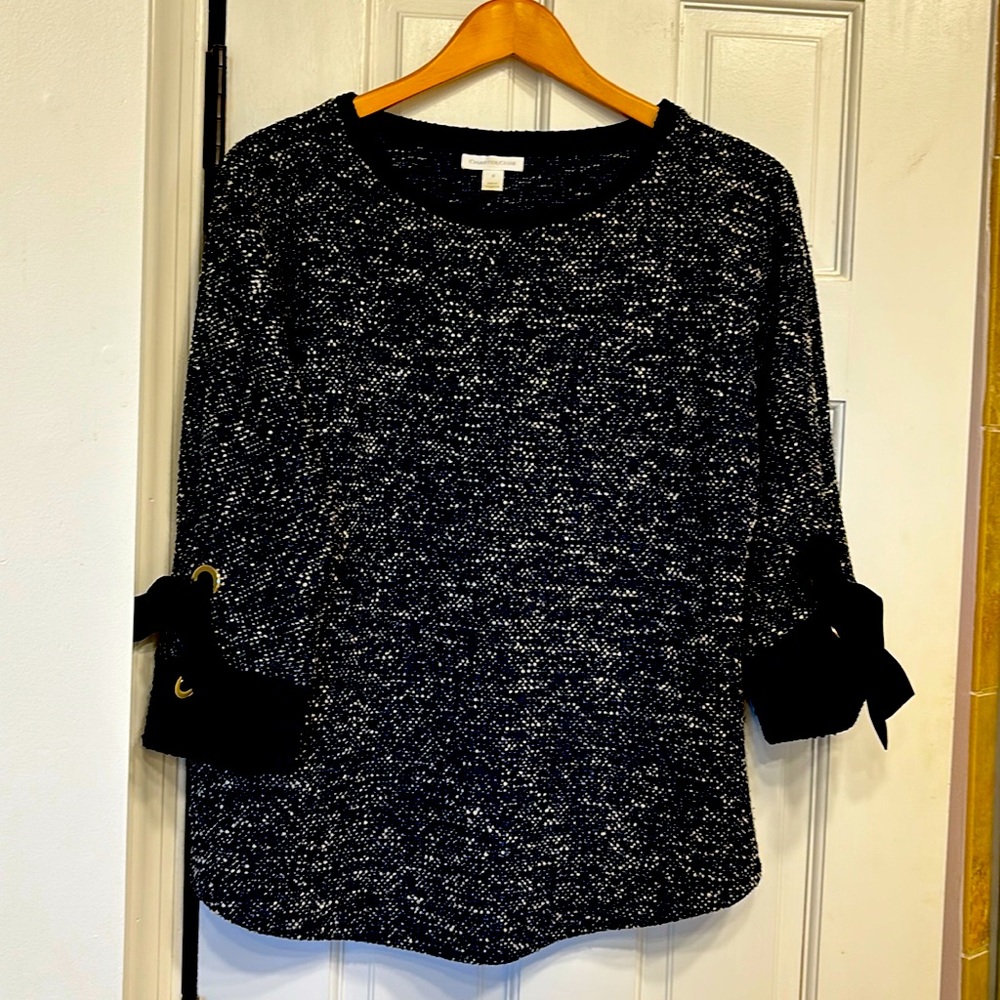 Navy tweed bow details sweater